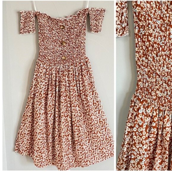 Brown Floral Smocked Off the Shoulder Midi Dress - Picture 3 of 3